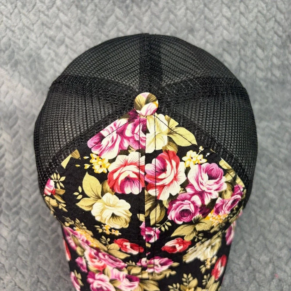 Floral Rose Print Trucker Hat Black Mesh Snapback Cap Adjustable 1308